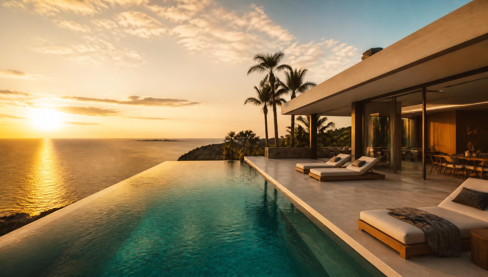 Piscina infinity de luxo ao pôr do sol com vista para o mar